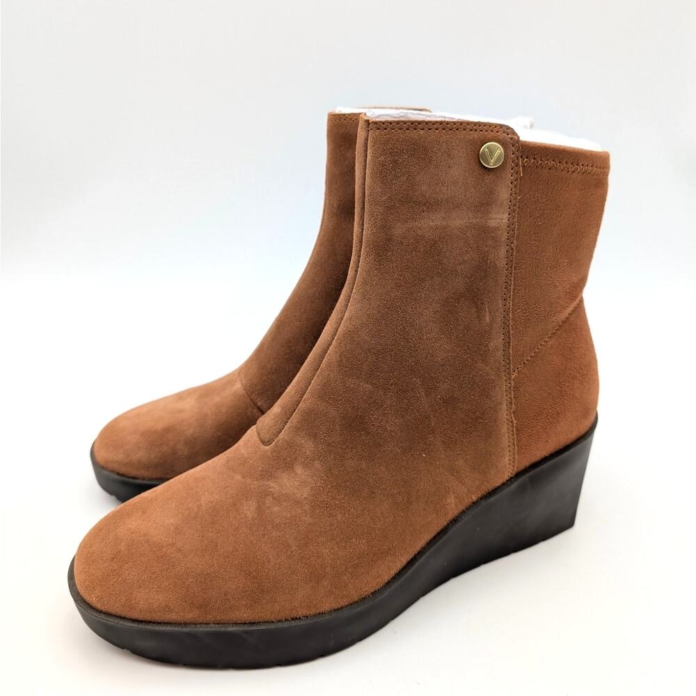 Vionic Skylar Ankle Wedge Booties Side Zip Women's Tan Suede Size US6.5 EU36.5